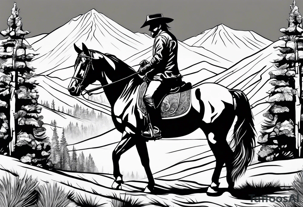 Rider on horseback with head down with aspen and pines tattoo idea