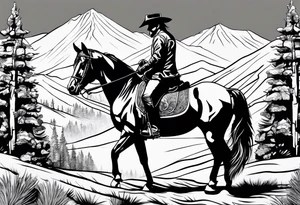 Rider on horseback with head down with aspen and pines tattoo idea