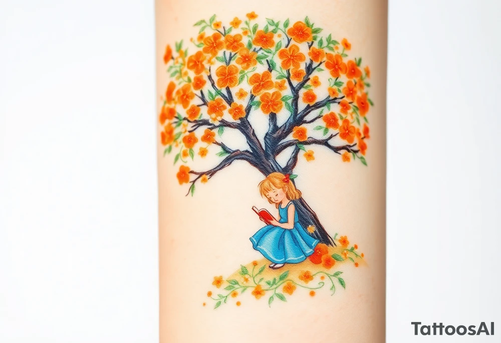 An orange tree full of flowers. Under the tree, a little blond girl wearing a blue dress sitting while reading. 


. tattoo idea