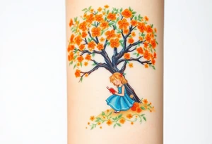 An orange tree full of flowers. Under the tree, a little blond girl wearing a blue dress sitting while reading. 


. tattoo idea