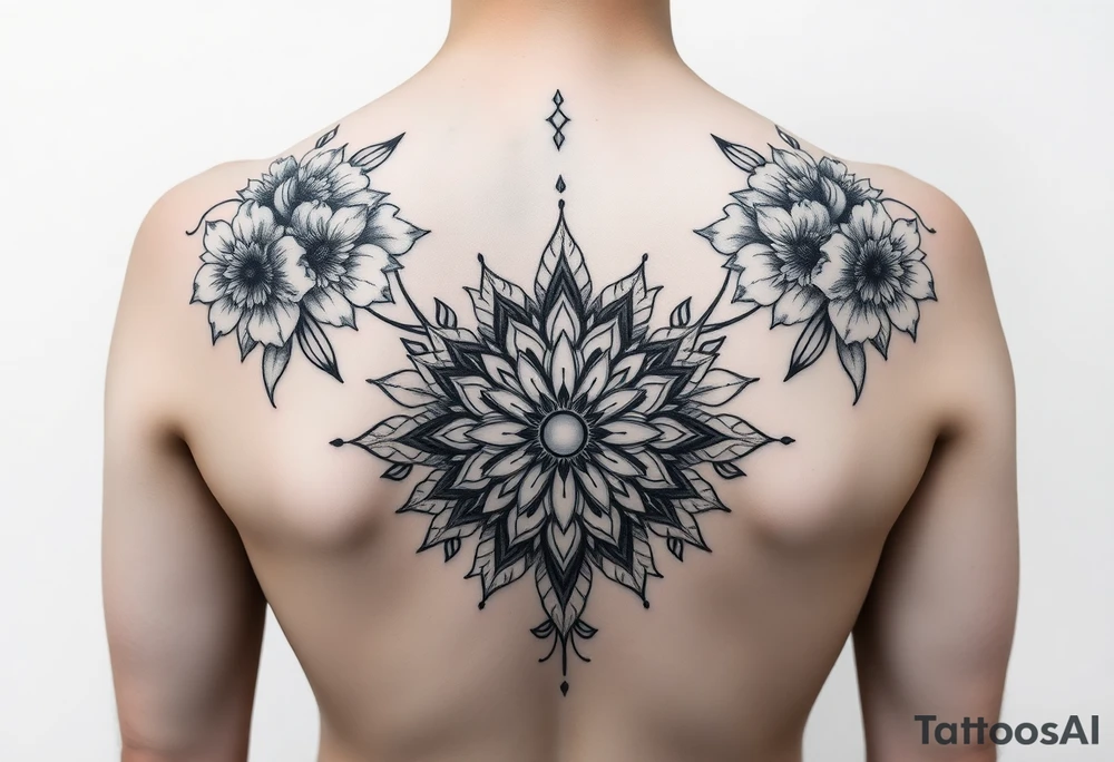 Feminine, full back tattoo, with matching florals on the shoulders and  with an hourglass in the middle and Mendala lines curving up the back tattoo idea