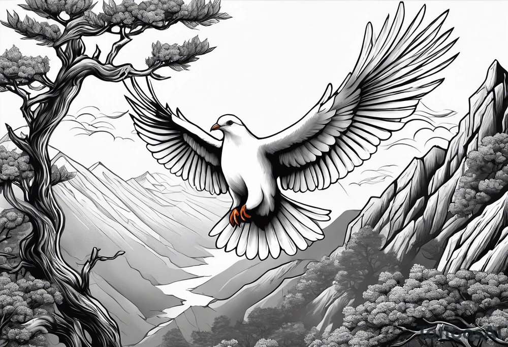 White Dove sitting on a branch at the top of the mountain with an eagle soaring overhead tattoo idea