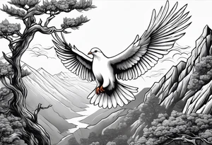 White Dove sitting on a branch at the top of the mountain with an eagle soaring overhead tattoo idea