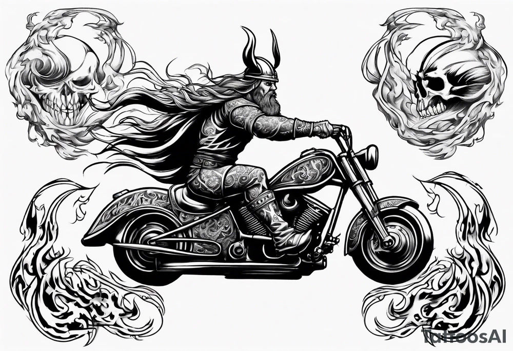 A viking riding a motorcycle with flames tattoo idea