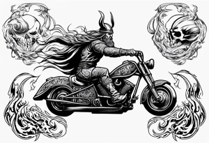 A viking riding a motorcycle with flames tattoo idea