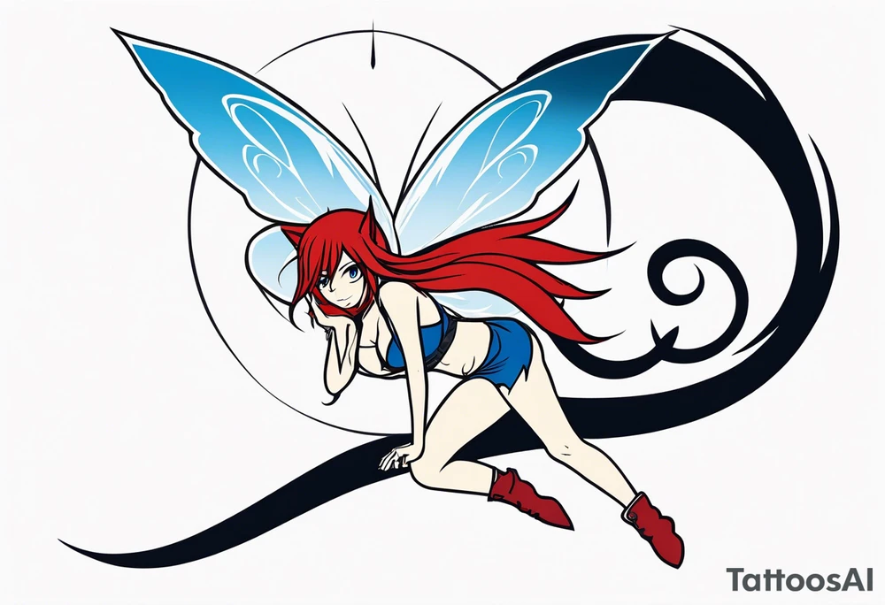 A fairy with a tail inspired by the logo of the show called Fairy Tail in a fetal position leaning in tattoo idea