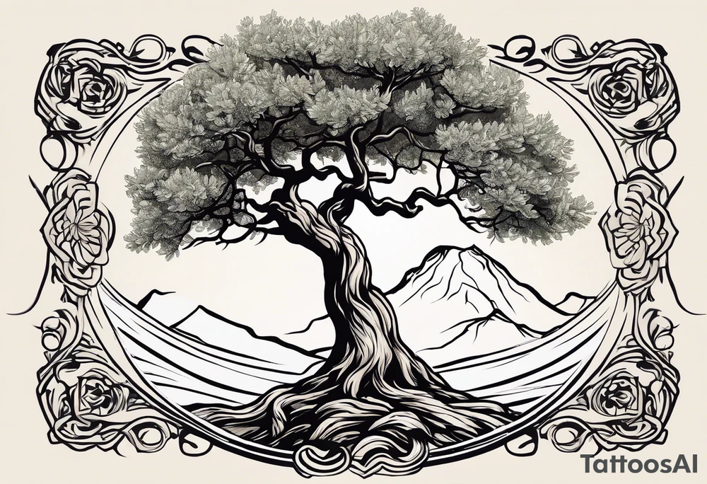 And olive tree with exposed roots, writing out “patience” in Korean, next to a tree stump with exposed rings, and a small Poppy flower growing out of the ground tattoo idea