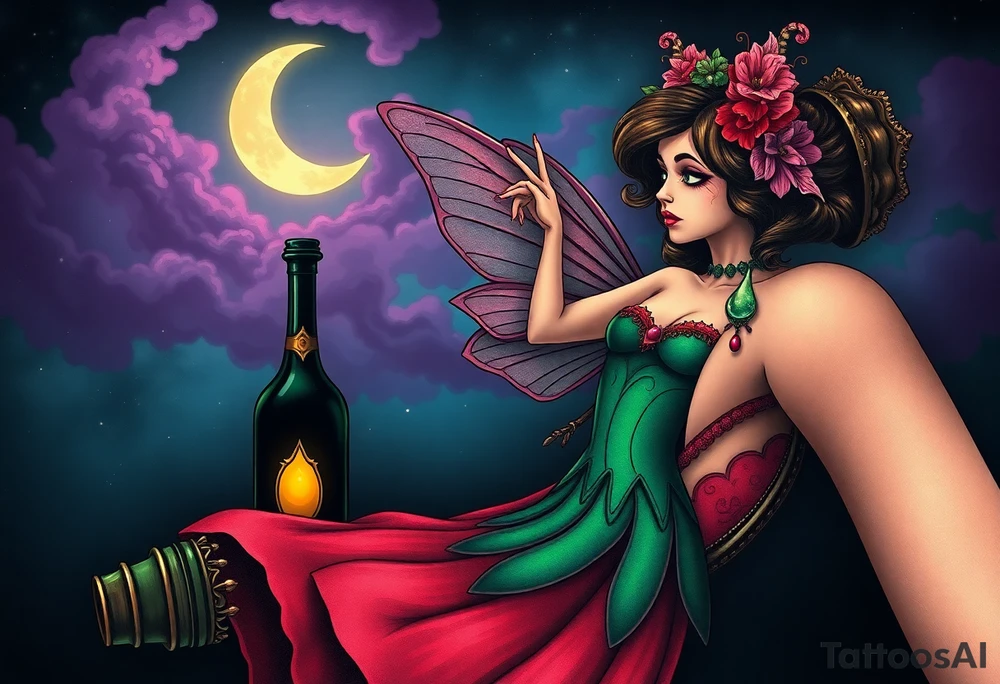Tim Burton’s kelly doty pin up style Vintage Parisian elegant and hauntingly beautiful yet eerie full body absinthe Green Fairy dances outside her victorian crystal decatur she was once inside this elaborate ornate bottle absinthe bottle Absinthe Art Nouveau   and dripping with muted reds, dusty pinks, and eerie green glow.purple and cyan smokey clouds swirl in the crescent moonlit sky thats sprinkled with stars tattoo idea
