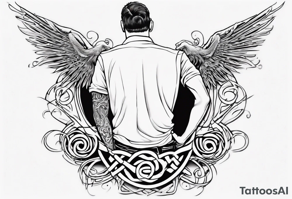 a father with a son on each shoulder from behind. A subtle design on their backs of celtic music.

This tattoo would fit on a calf. tattoo idea
