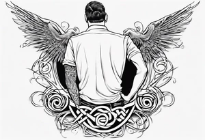 a father with a son on each shoulder from behind. A subtle design on their backs of celtic music.

This tattoo would fit on a calf. tattoo idea