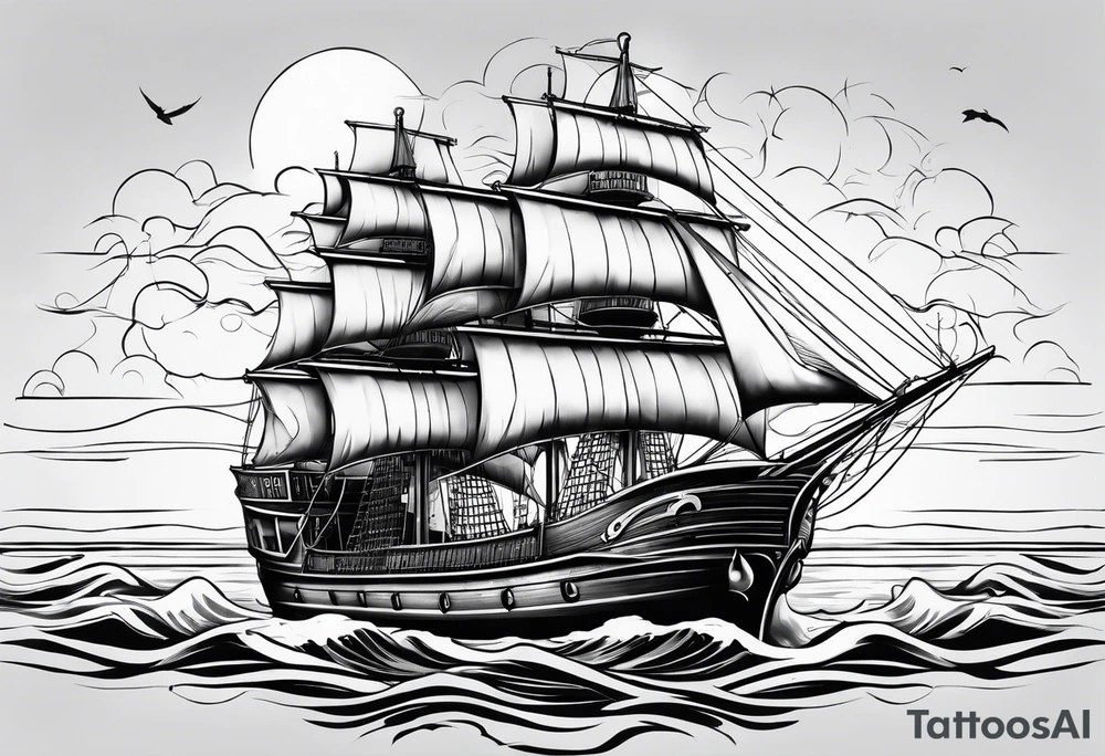 Large traditional ship facing right with calm water tattoo idea