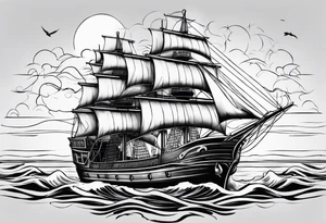 Large traditional ship facing right with calm water tattoo idea