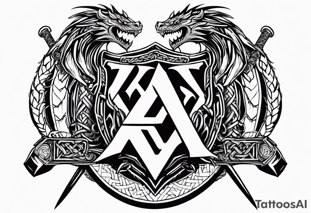 Valhalla sword shield dragon axe Valknut barbed wire chains fire tattoo idea Valhalla sword shield dragon axe Valknut barbed wire chains fire tattoo idea