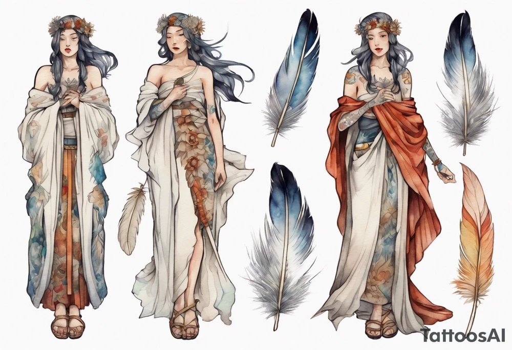 a full body medieval woman with a white feather dress tattoo idea