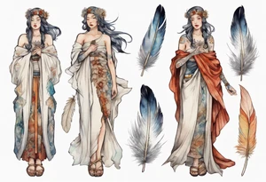 a full body medieval woman with a white feather dress tattoo idea