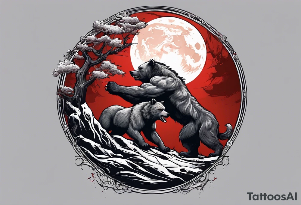 Muscular werewolf and muscular bear fighting under a blood moon tattoo idea