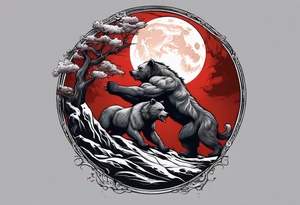 Muscular werewolf and muscular bear fighting under a blood moon tattoo idea