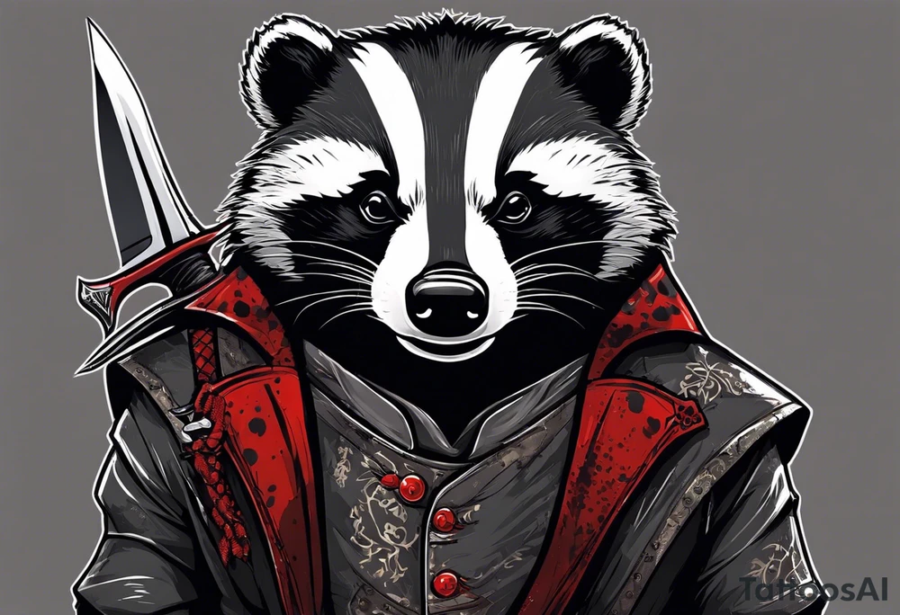Draw me psychopath Badger/Warrior with aggressive full body, killer face with a scary smile, very long nails and he attacks like a Bloody Assassin to us and also, he has very deadly looking. He fights with his nails. Everybody scares after their first sight. Give me horror type Badger Tattoo. I want to see his Realistic full body. tattoo idea