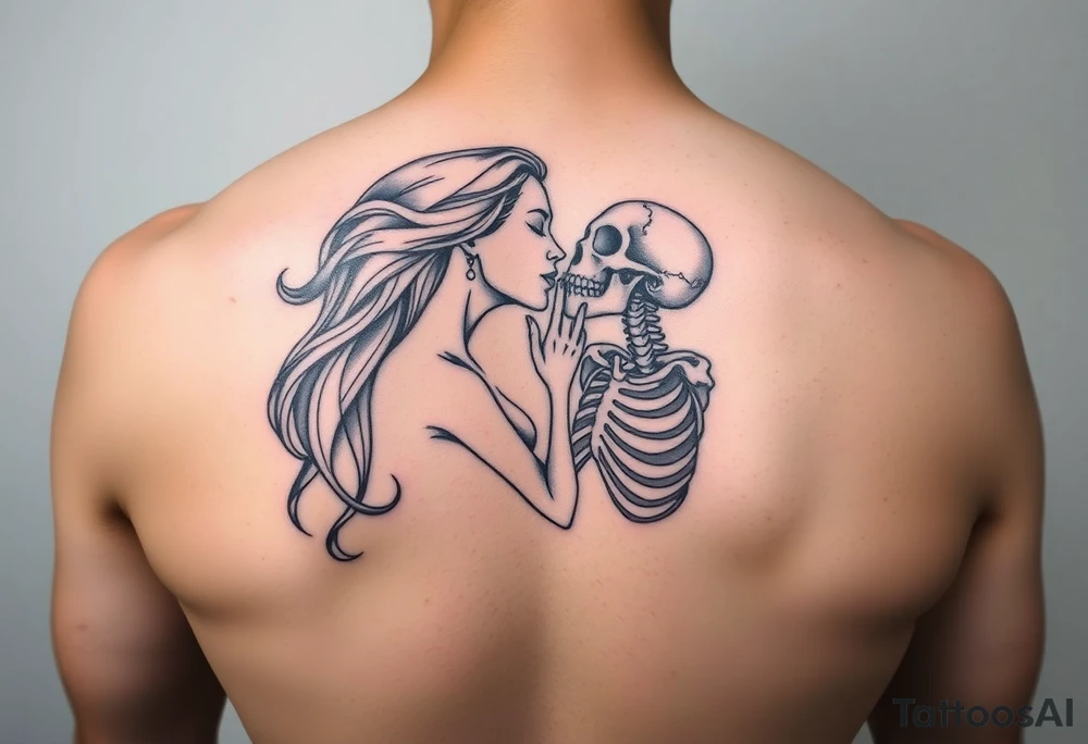 A lady passionately kissing a skeleton tattoo idea