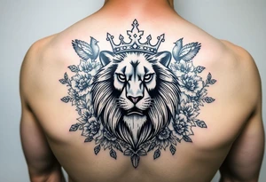 powerful majestic lion with a crown, surrounded by floral ornaments and birds tattoo idea
