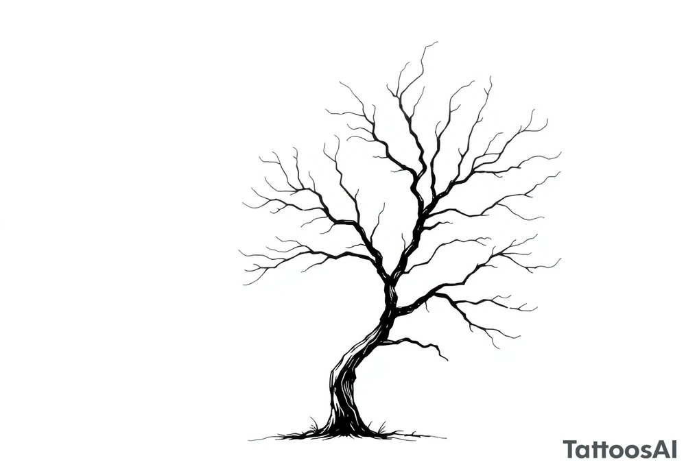 simple windy tree. The tree has strong winds and its branches are bent. The background is a clear sky. tattoo idea