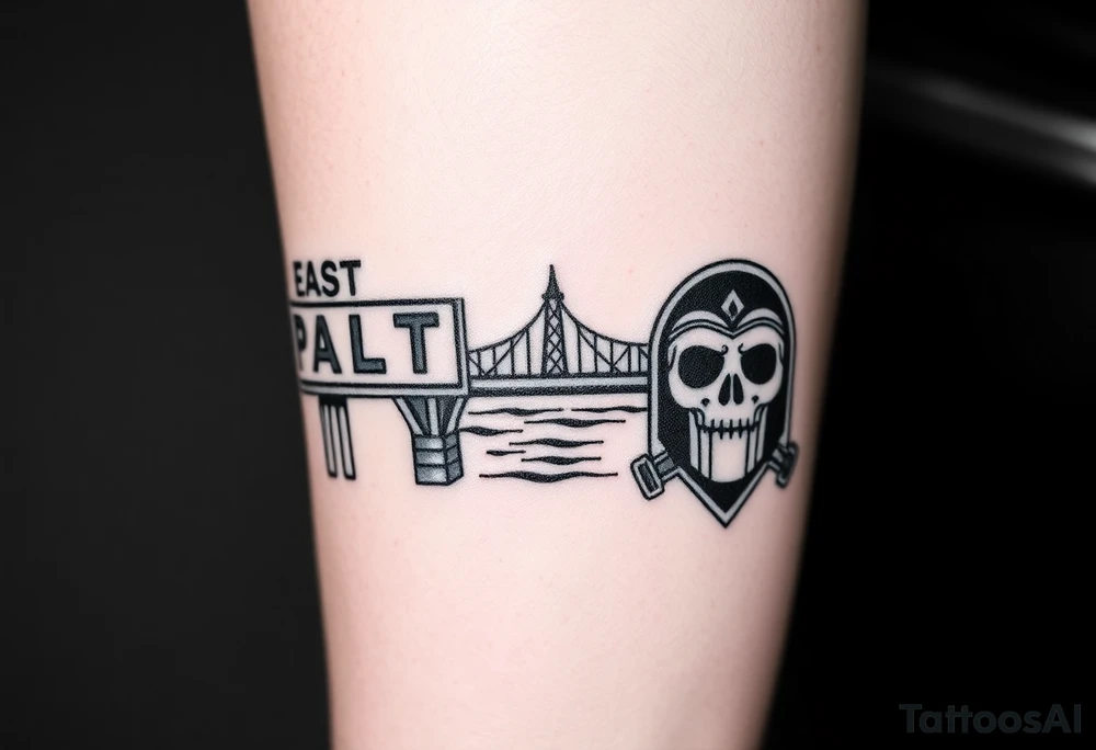 “East Palo Alto” city sign and “Newark” city sign on opposite sides of a bridge going across water in California with skulls and money and  scarface tattoo idea