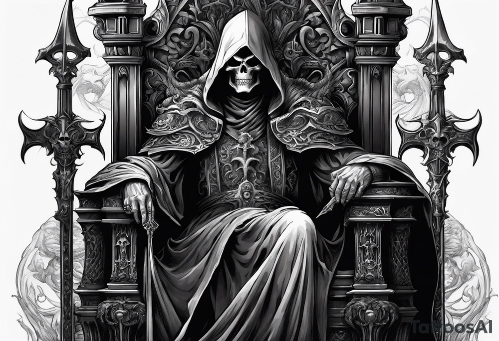 The grim reaper on a large throne of skulls .

Holding guns .


Next to the throne is a cerebus

Powerful demon commander faces a powerful angel commander in the centre of the tattoo idea