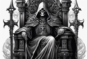 The grim reaper on a large throne of skulls .

Holding guns .


Next to the throne is a cerebus

Powerful demon commander faces a powerful angel commander in the centre of the tattoo idea