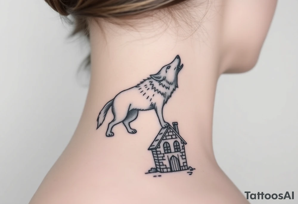 Big  wolf  blowing down   a brick house tattoo idea