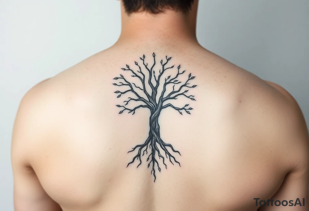 mystical tree of life with cosmic roots and celestial branches tattoo idea