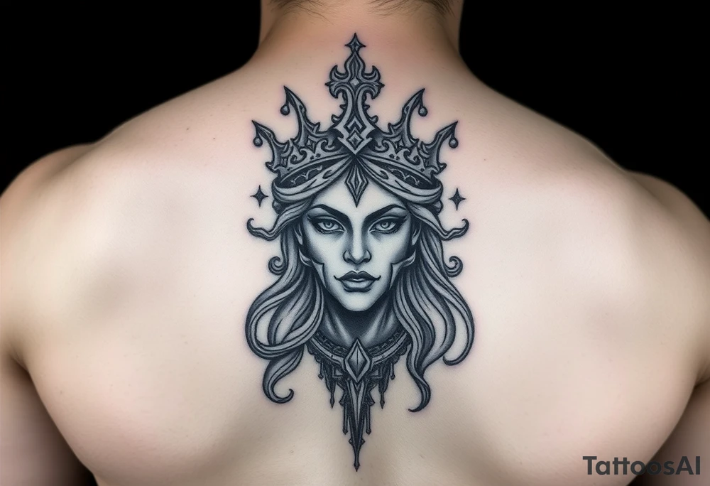 powerful goddess with a crown shape as rempart in a gemotrical style tattoo idea