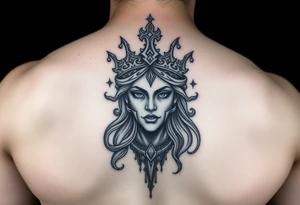 powerful goddess with a crown shape as rempart in a gemotrical style tattoo idea