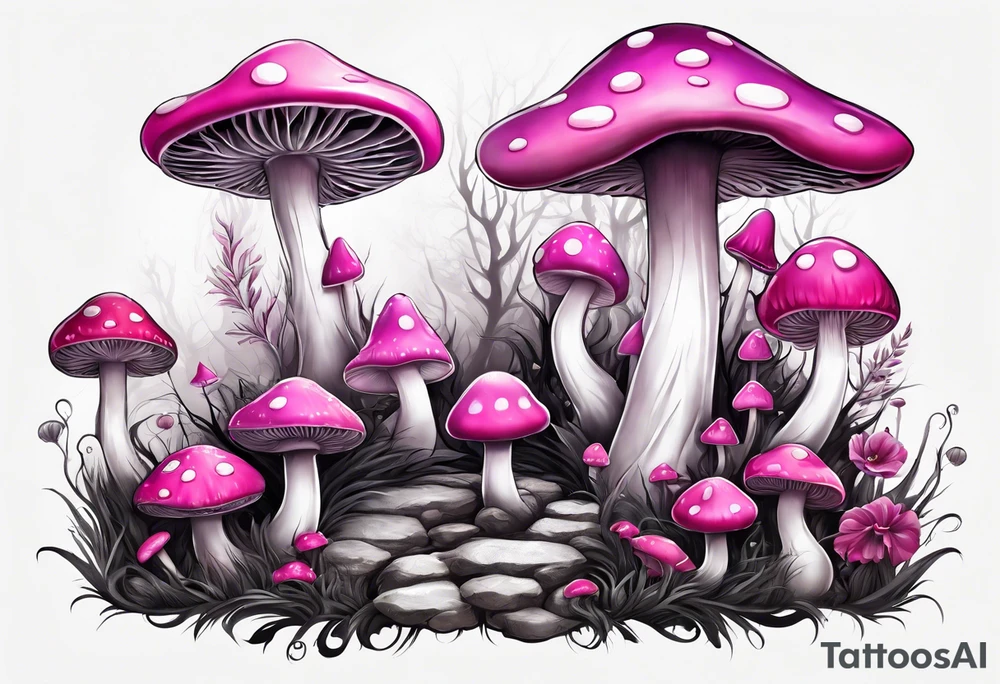 pink and white mushroom forest, smoke coming from caterpillars mouth tattoo idea