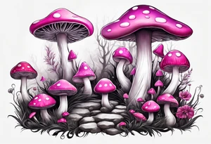 pink and white mushroom forest, smoke coming from caterpillars mouth tattoo idea