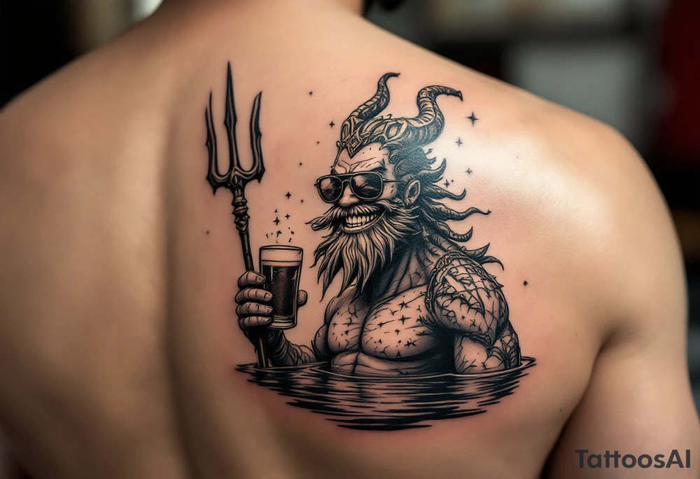 smiling poseidon in calm water, holding a trident, holding a beer, with sunglasses tattoo idea