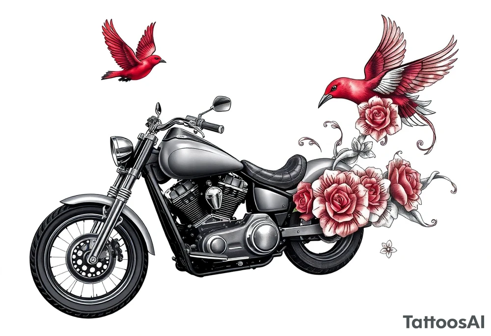 Harley grey motorcycle driving away, two red birds flying, roses and lace, flames tattoo idea