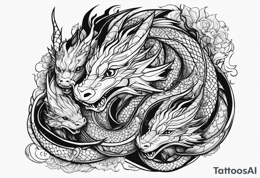 Mother dragon protecting 3 young dragons tattoo idea