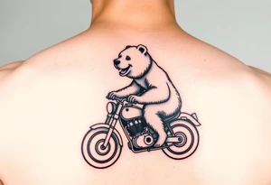 large smiling brown bear riding a motorcycle in side profile tattoo idea