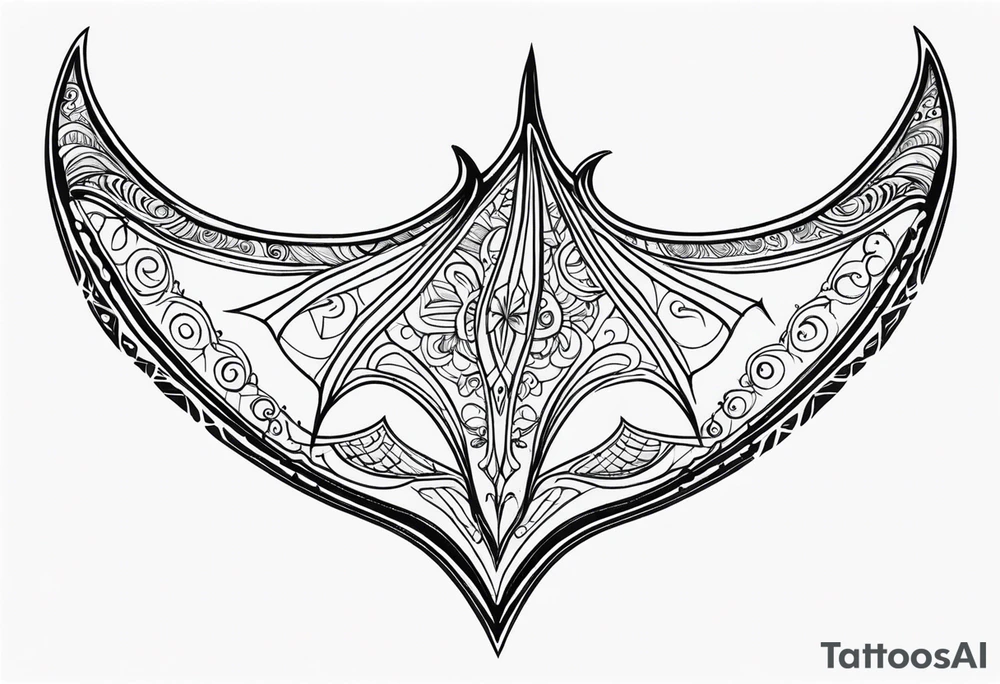Tattoo sketch of manta ray in outline, without shadows and background, made of sacred ornament, minimalistic Polynesian tattoo design, without thick lines and dark spots, while maintaining the shape of Manta Ray tattoo idea