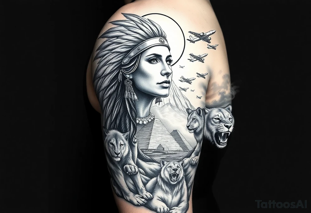 A native indian woman with surrounded by Wolves & Lions behind a Pyramids & mountain with the sun overhead & jets flying in the air & smoke surrounding everything tattoo idea