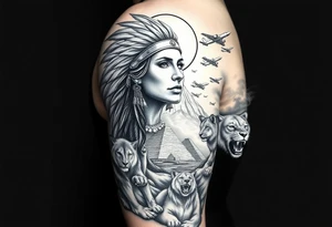 A native indian woman with surrounded by Wolves & Lions behind a Pyramids & mountain with the sun overhead & jets flying in the air & smoke surrounding everything tattoo idea