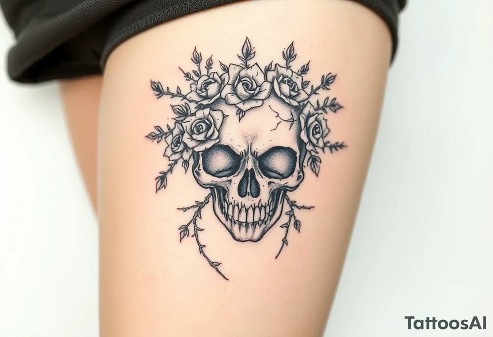 ornate skull adorned with crown of wild roses and thorns tattoo idea