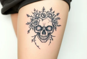 ornate skull adorned with crown of wild roses and thorns tattoo idea