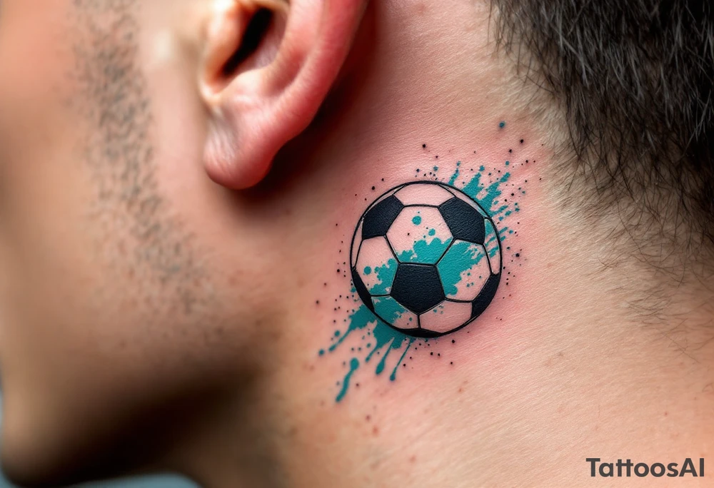 A small behind-the-ear soccer ball tattoo in black with a splash of teal paint. tattoo idea