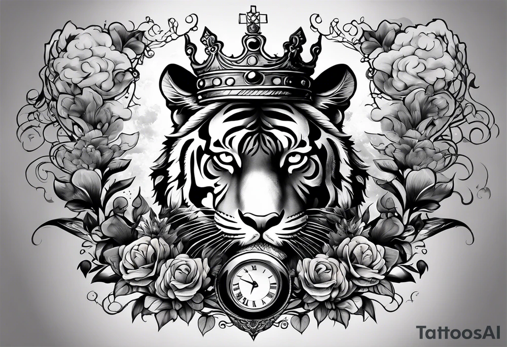 A tiger with a crown on the top with a third eye hourglass with a brain inside of the hourglass, covered in clouds, on the bottom of the hourglass, a heart covered in grass, a full detailed arm sleeve tattoo idea