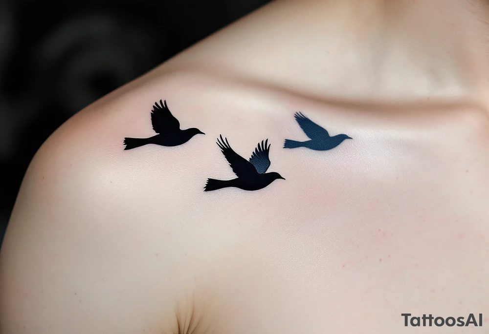 A delicate yet powerful tattoo of three birds in flight, symbolizing freedom and individuality, designed in a minimalist style. The birds can be shaded in black with soft hints of blue and grey to give them a fluid, wind-swept appearance. Black, blue, grey. tattoo idea