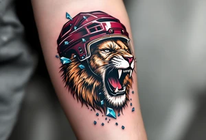 A stylized lion roaring through a maroon hockey helmet, with icy blue shards flying around. tattoo idea