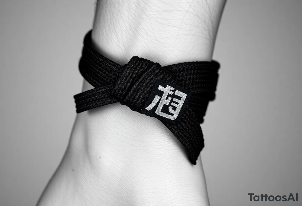 A realistic black and gray tattoo of a Brazilian Jiu-Jitsu black belt wrapping around the wrist like a bracelet. The belt is tied in a knot with one end showing the number 30 and the other showing 24. On the flat end of the belt, two Japanese kanji characters are inked in white: 成長 (growth) and 忍耐 (perseverance). The belt has subtle stitch marks and worn, textured shading for a slightly distressed, authentic look. tattoo idea