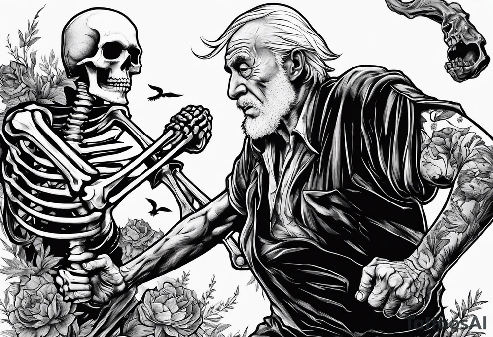 old man fighting with a skeleton tattoo idea