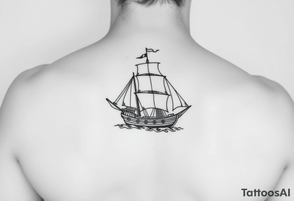 bland and white detailed linework drawing of Spaniard ship sailing for forearm tattoo idea